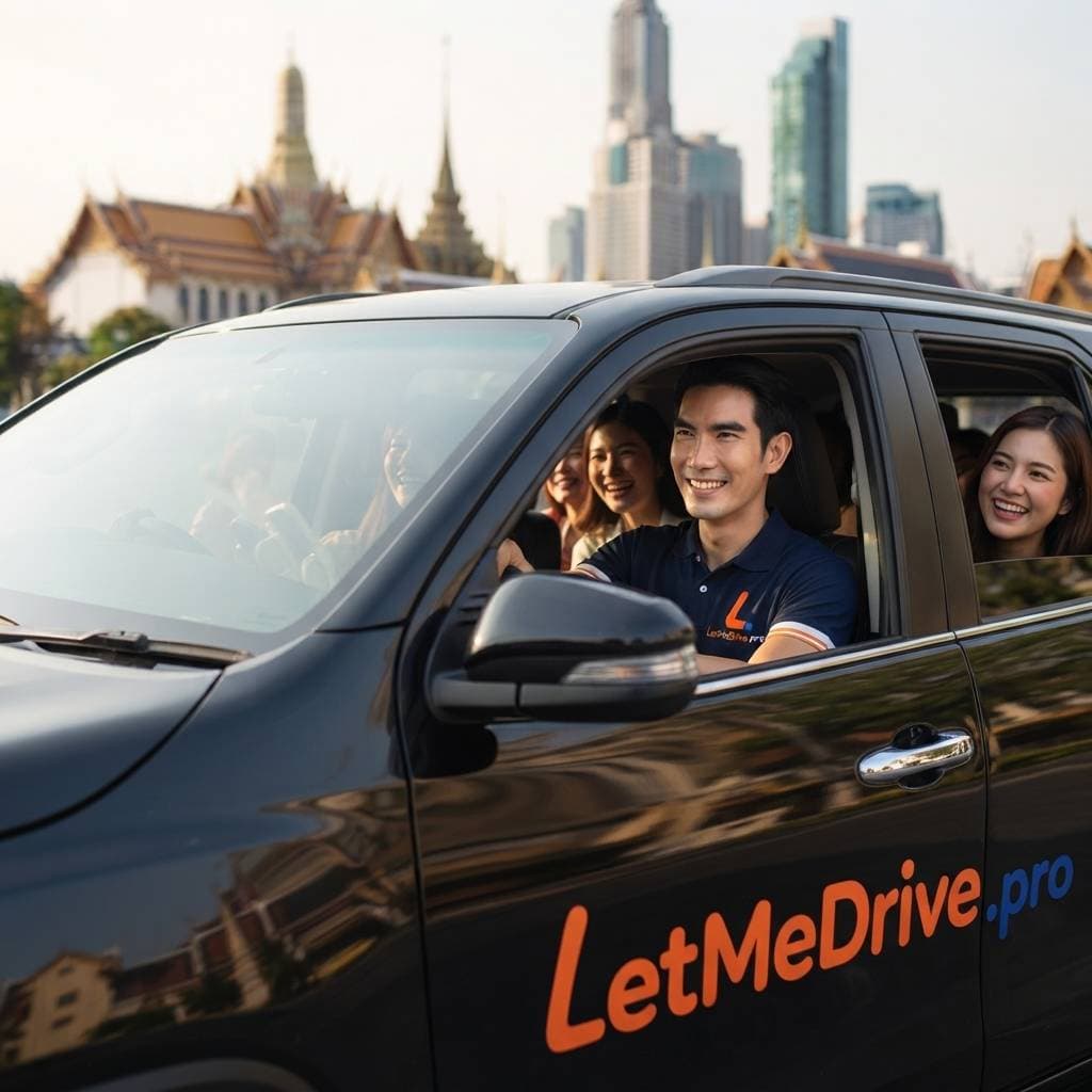 Smiling LetMeDrive driver with passengers in a private car near the Grand Palace, Bangkok