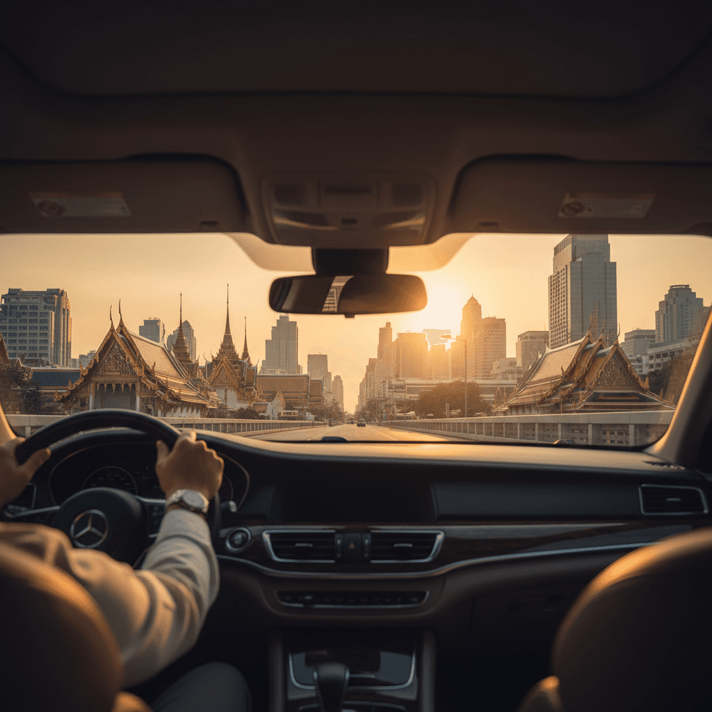 View from the back seat of a private car driving through Bangkok at golden hour